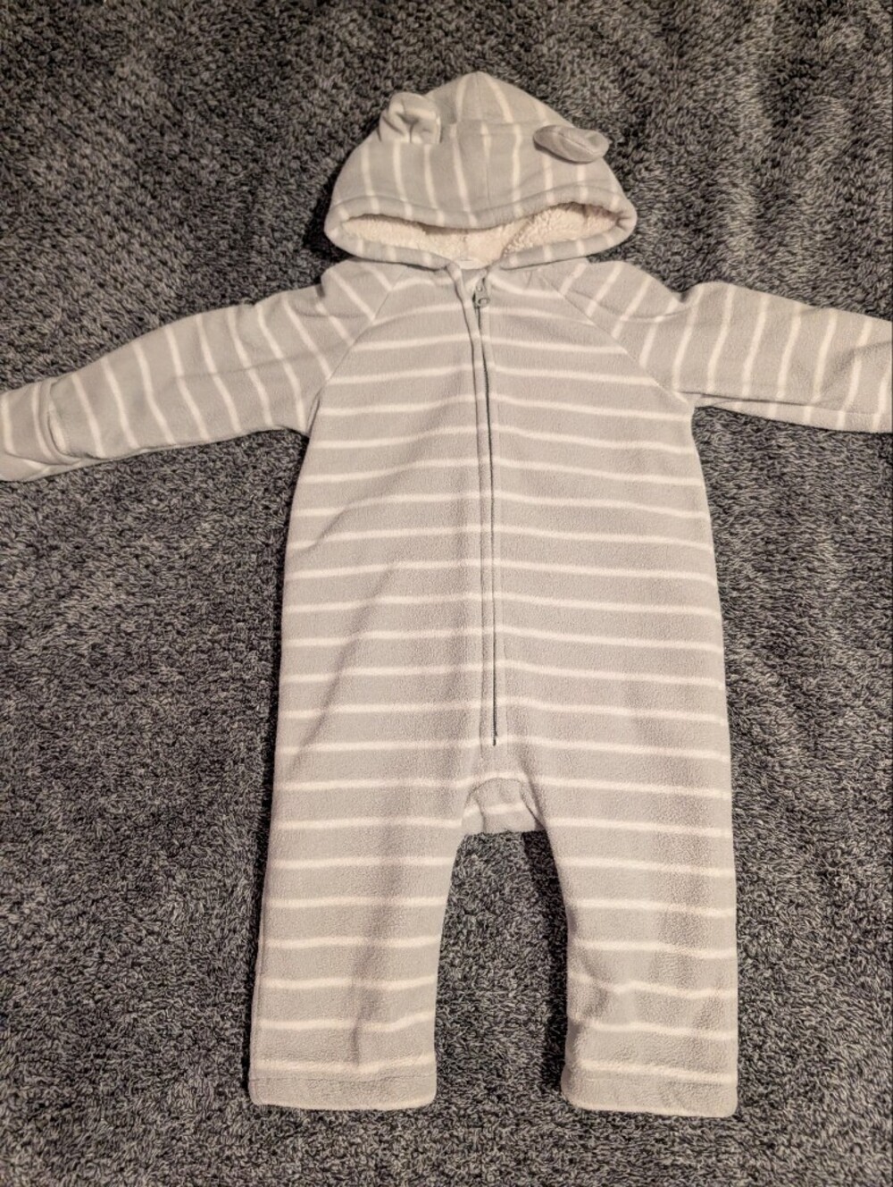 Striped Hooded One-Piece Zippered Jumpsuit - Light Gray & White, 12-18 Months